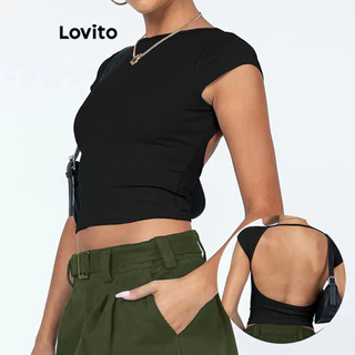 Lovito Casual Camiseta Feminina Lisa com Costas Abertas LNL39052 (Damasco/Azul Claro/Preto)