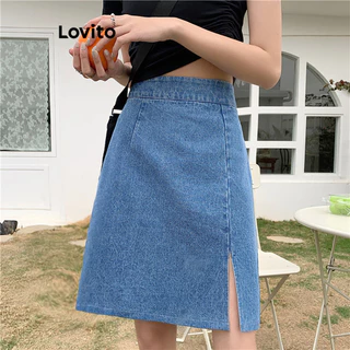 Lovito Saias jeans casuais simples com frente dividida para mulheres L100MD143