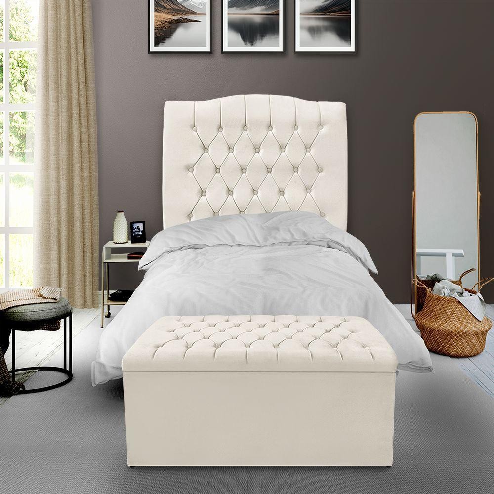 Kit Cabeceira E Calçadeira Baú Dunas Solteiro 90 Cm - Veludo Bege Claro