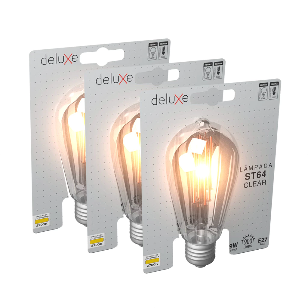 Kit 3 Lâmpadas de Led ST64 Clear 9w 2700k Branco Quente E27 110v/220v Bivolt Deluxe By Avant