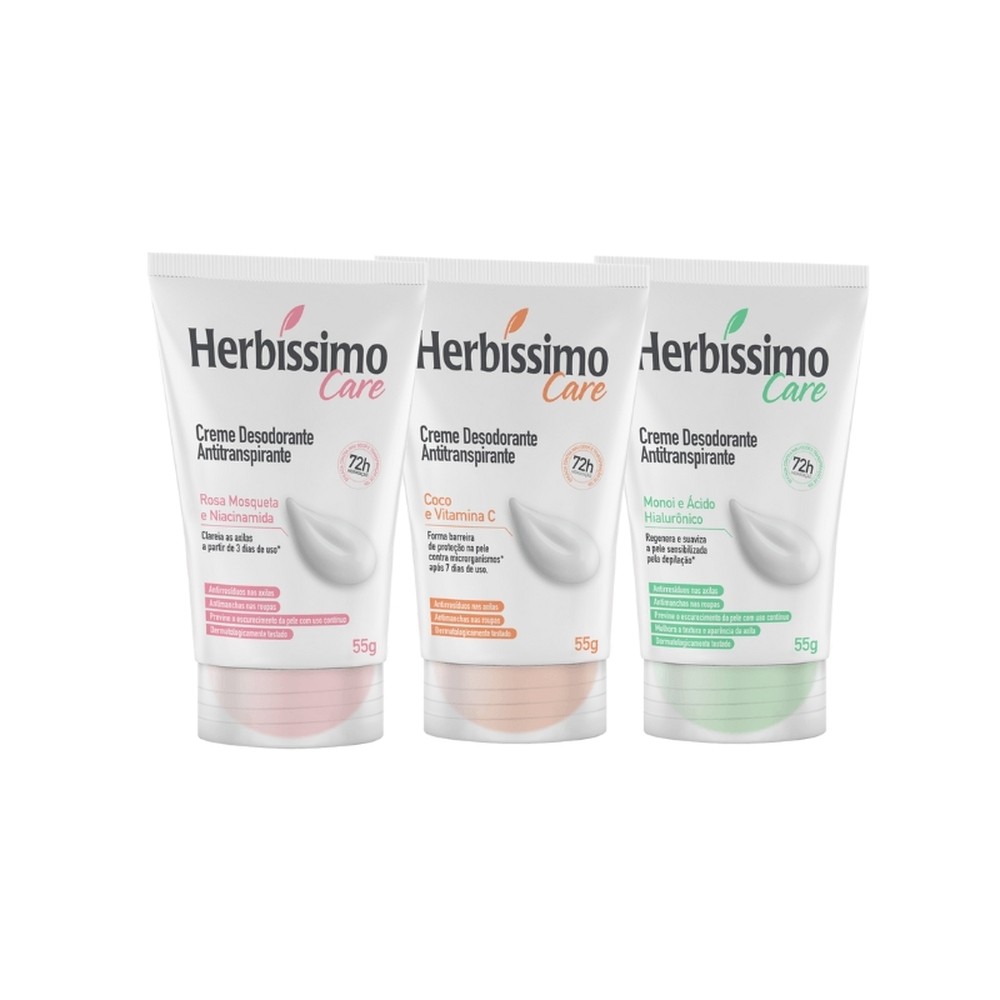 Kit Creme Desodorante Antitranspirante Herbíssimo Care Rosa Mosqueta + Coco + Monoi Bisnaga 55g