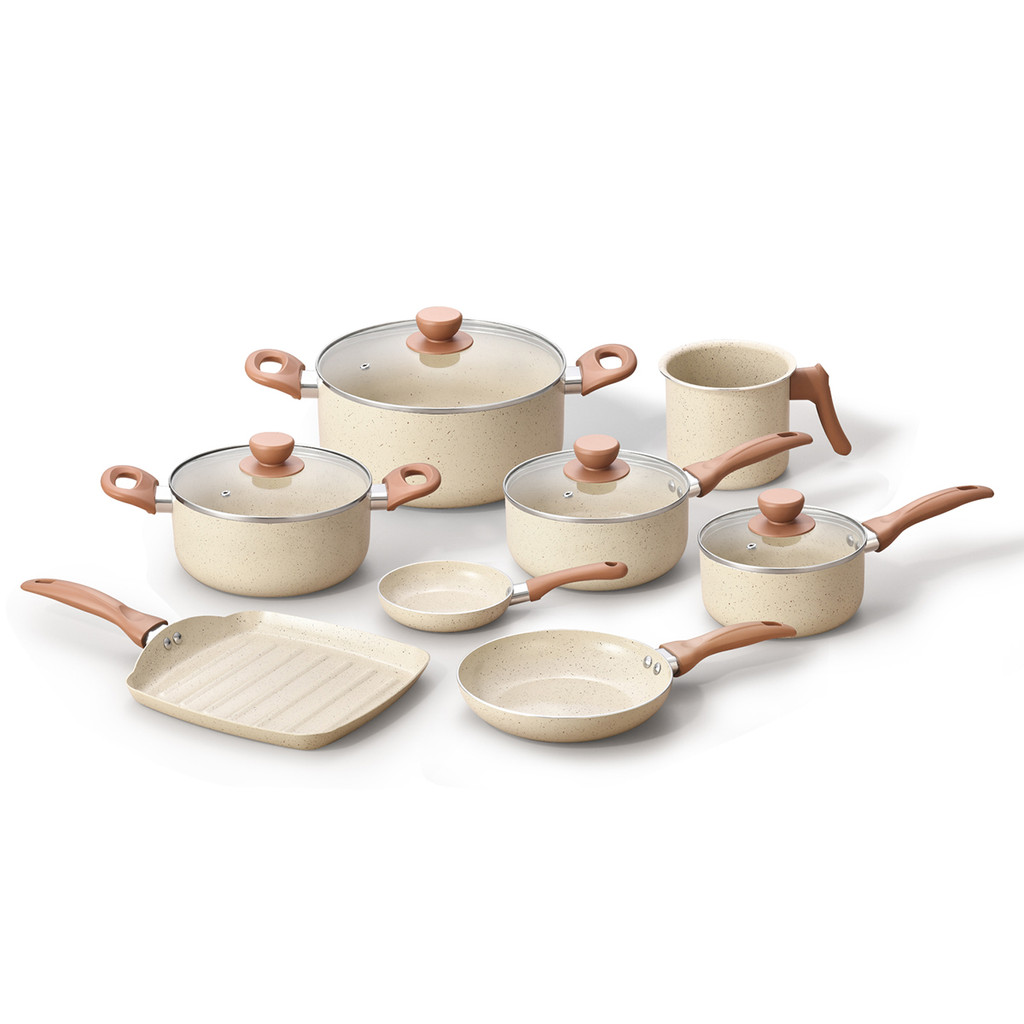 jogo com 8 panelas antiaderentes de ceramica e aluminio bege - Oikos