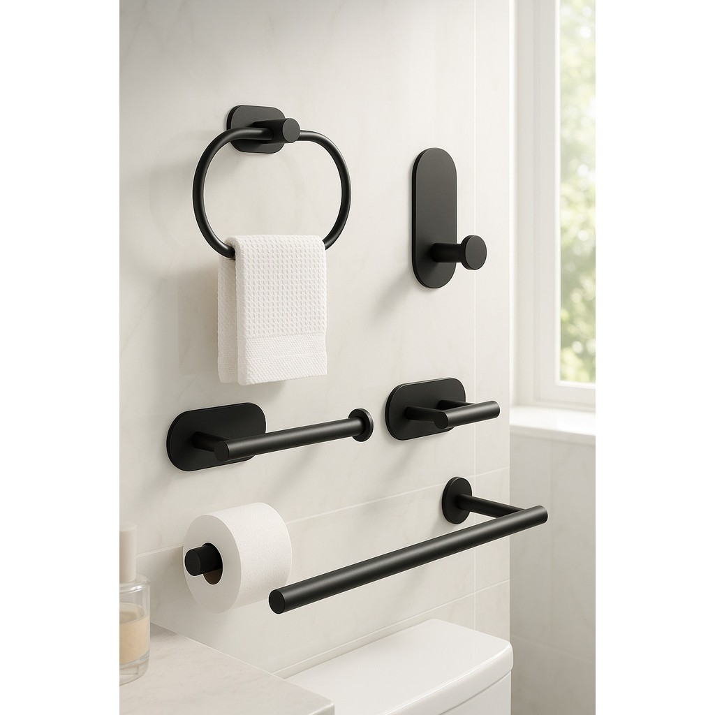 Conjunto Banheiro Aço Inox – Preto Fosco, Sem Furo, 4 Peças!