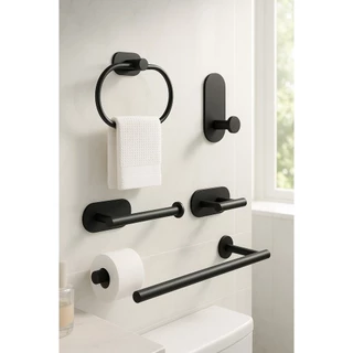 Conjunto Banheiro Aço Inox – Preto Fosco, Sem Furo, 4 Peças!