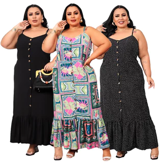 Vestido Alça Plus Size Detalhe Botão Na Frente Roupas Femininas 2759
