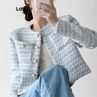 Lovito Casaco Casual de guingão com botões para mulheres LNL100391 em Promoção na Shopee Lovito Casaco Casual de guingão com botões para mulheres LNL100391