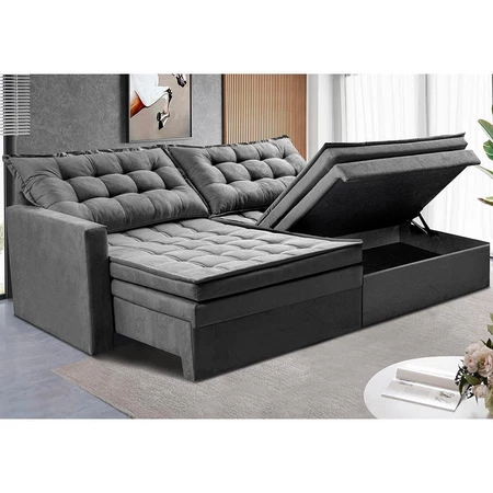 Sofá Sem Caixa Retrátil Baú 1,80m Cama inBox Secret Suede Velusoft Cinza