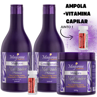 Kit Matizador Platinum Maycrene 3X500ml Elimina os tons Amarelados e Hidrata os Cabelos Ressecados