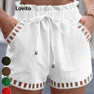 Lovito Short casual de renda lisa com cordão para mulheres LNL72099