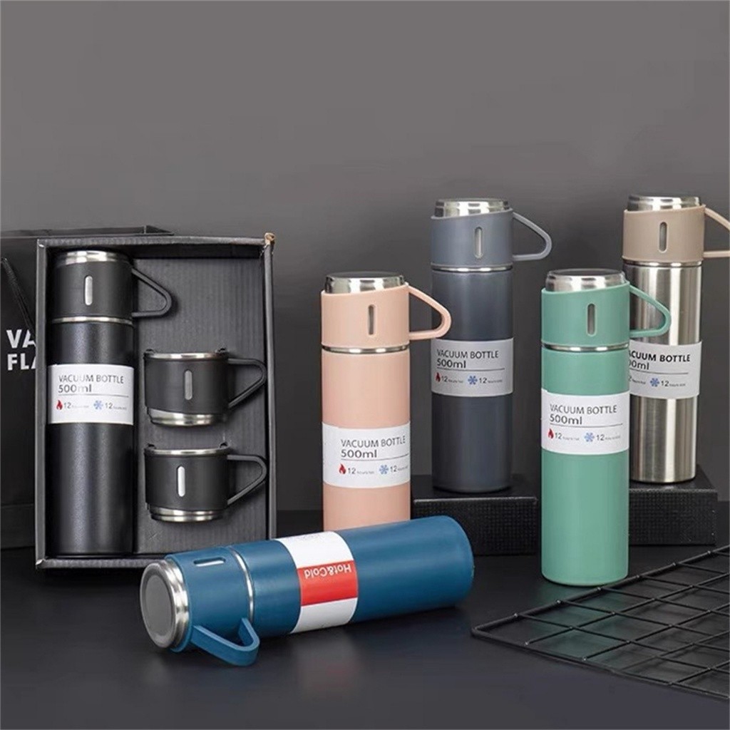 Kit Com 3 Xícaras Garrafa 500ML Térmica Aço Inox Fosca Copo Térmico