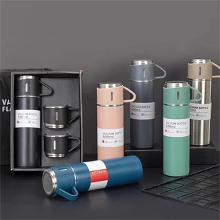 Kit Com 3 Xícaras Garrafa 500ML Térmica Aço Inox Fosca Copo Térmico