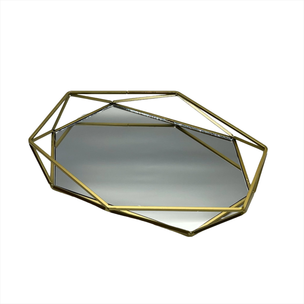Bandeja Espelhada Geometrica Metal Vidro Decoracao Mesa
