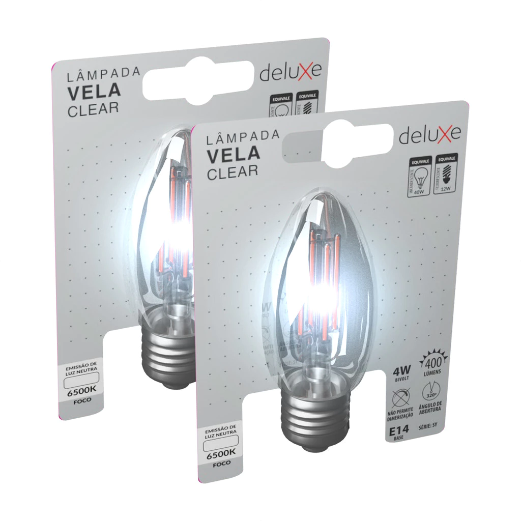 Kit 2 Lampadas Led Vela Filamento Clear 4w 6500k Branco Frio E14 110v/220v Cod: 351091379-2 Deluxe By Avant