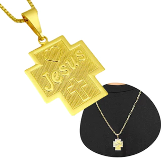 Pingente Religioso Crucifixo Placa ''Jesus'' Banhado a Ouro em Oferta na Shopee