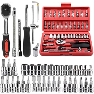 Kit de Ferramentas 46 Peças, Jogo de Soquetes com Chave Catraca Reversível e Maleta