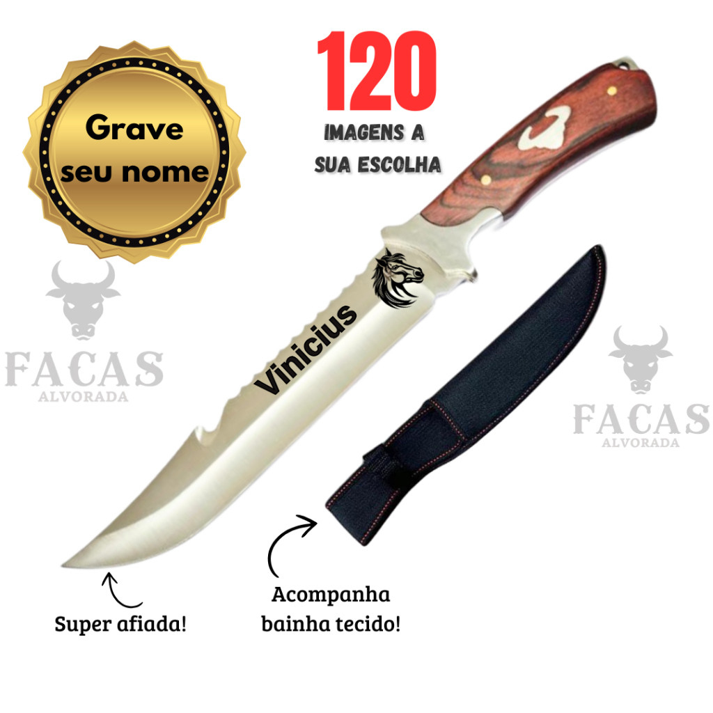 Faca Grande com Nome Personalizado a Laser Cabo de Madeira FA10