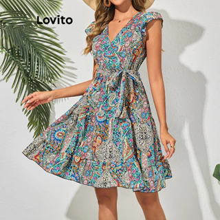 Lovito Vestido drapeado com cinto Boho Paisley para mulheres LBL16561
