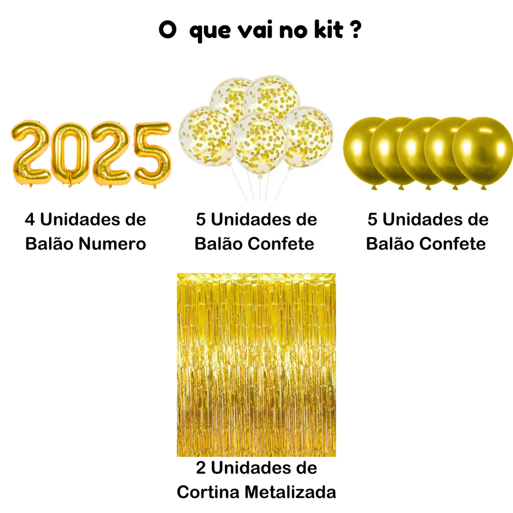 Kit Ano Novo Reveillon Balão Metalizado 2025 Cortina Fitilho Metalizada 10 Bexiga Confete Decoração Festa