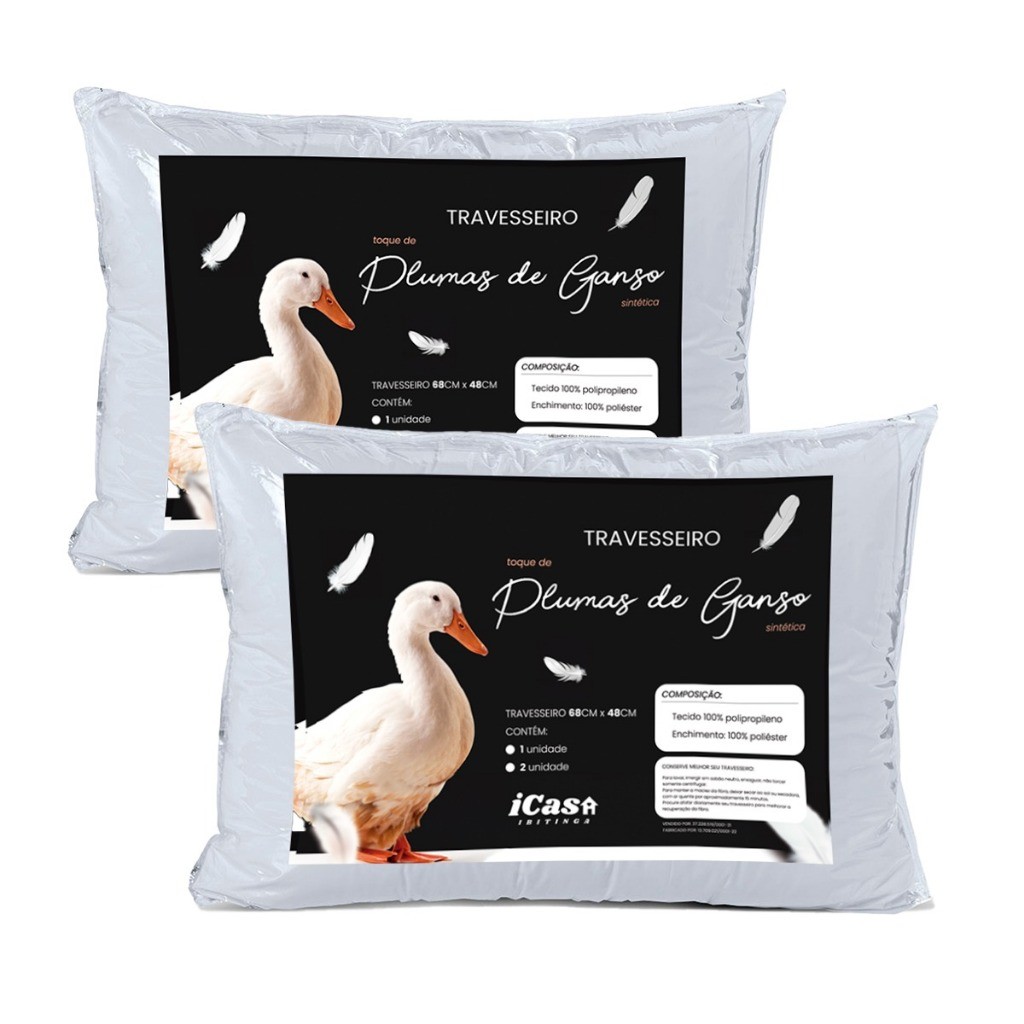 Kit Travesseiros Penas e Plumas De Ganso 70x50 Antialérgico Antiácaro
