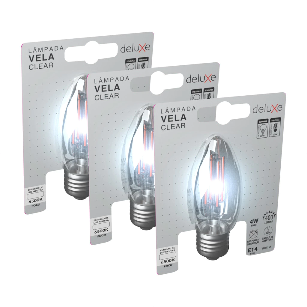 Kit 3 Lampadas Led Vela Filamento Clear 4w 6500k Branco Frio E14 110v/220v Cod: 351091379-3 Deluxe By Avant