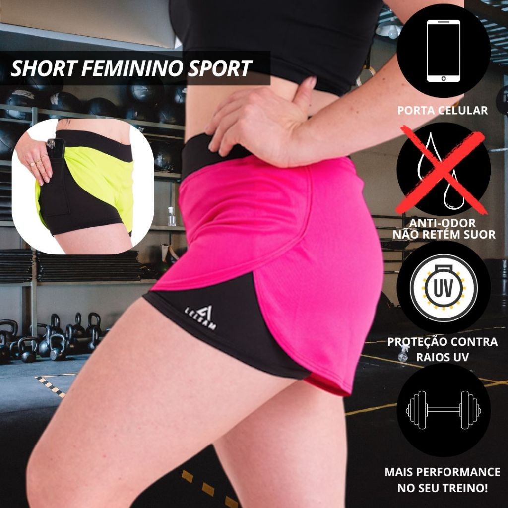 Short Feminino 2 em1 Dryfit Academia Bermuda Dupla Caminhada Corrida Treino com BOLSO ANTIQUEDA