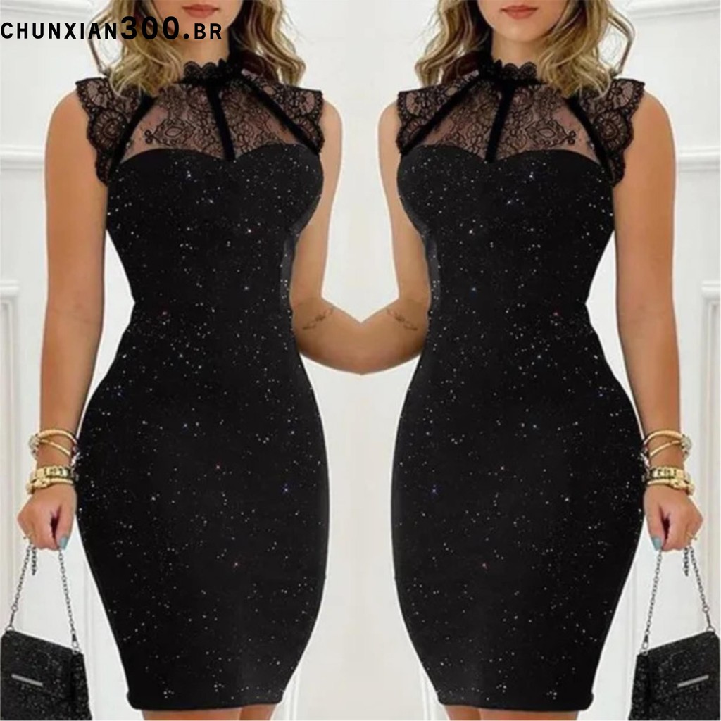 Mini vestido curto feminino de renda preta sem mangas oco para fora de ...
