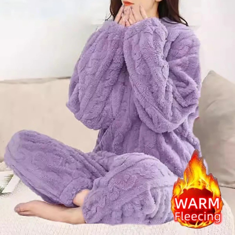 2 Peças/1 Conjunto Outono Inverno Solto Doce Casual Pijamas Feminino Grosso Lã Manga Longa Topo Casa Cintura Elástica Ca