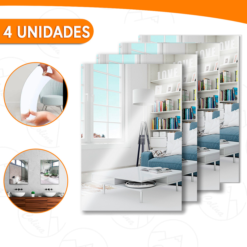 Kits De 4 Espelhos Auto Adesivo Acrilico Decorativo 20x30 Retangulares