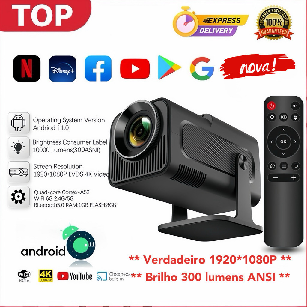 Projetor Smart HY 320mini Android Full HD 1920x1080 Bluetooth Wi-fi, HY300 atualizado