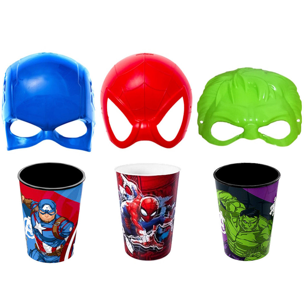 Kit com 3 Máscaras de Brinquedo e 3 Copos Homem Aranha Capitão América ...