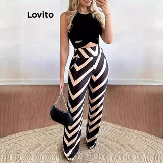 Lovito Conjuntos elegantes de calças com estampa simples para mulheres LNL73264