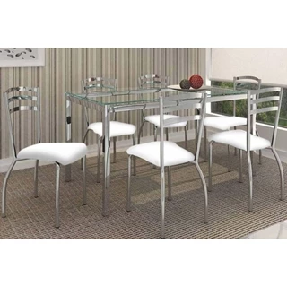 Sala de Jantar Completa Reno c/ Tampo de Vidro 150x80cm e 6 Cadeiras Portugal Cromada/Branco 106 - Kappesberg