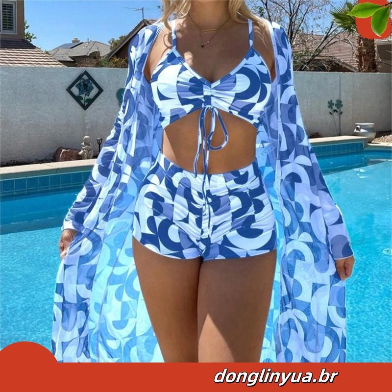 biquini cintura alta short com kinino quimono estampado adulto trikini ...