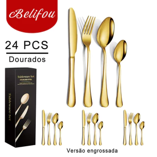 Belifou Kit 16/24/32 Jogo De Talheres Para Bife Aço Inoxidável 416 Dourados Com Colher Pequena - Vesta