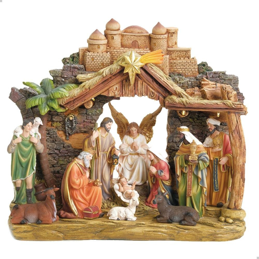 Presépio Natal Com Luz E Som Bege Decoração 35cm