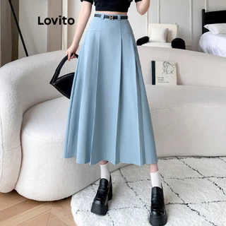 Lovito Saia plissada lisa casual para mulheres LNE73190