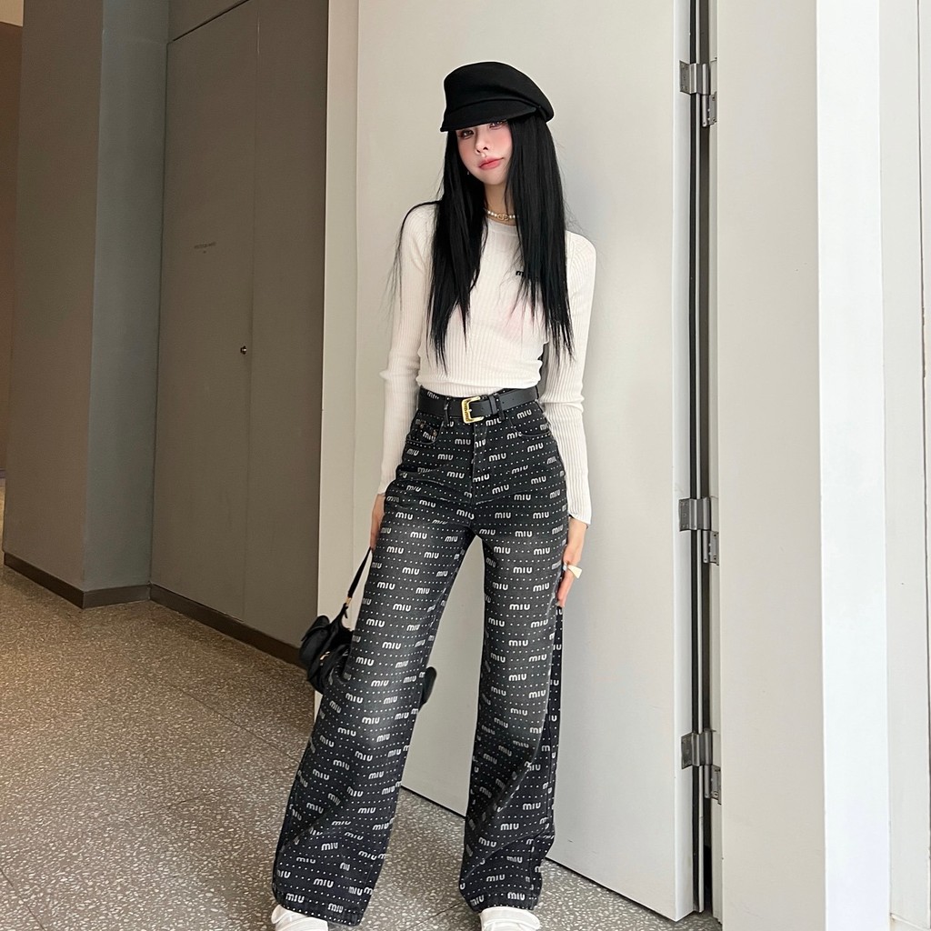 Miu Miu 2025 Novas Calças Casuais de Cintura Alta com Letra, Jeans ...