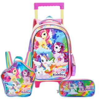 Kit Mochila De Rodinhas Lancheira Estojo Unicórnio Rainbow em Oferta na Shopee