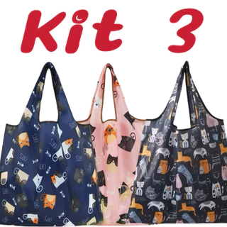 Kit 3 Bolsa de Ombro Dobrável Reutilizável Praia e Compras Cores e Padrões Aleatórios