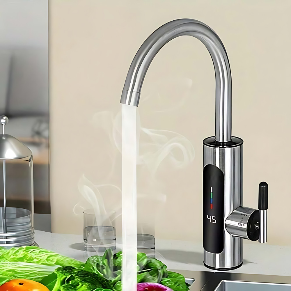 Torneira Elétrica Para Cozinha Banheiro Com Visor de Temperatura Regulagem e Giratória 360° Aço Inoxidável 110V-220V