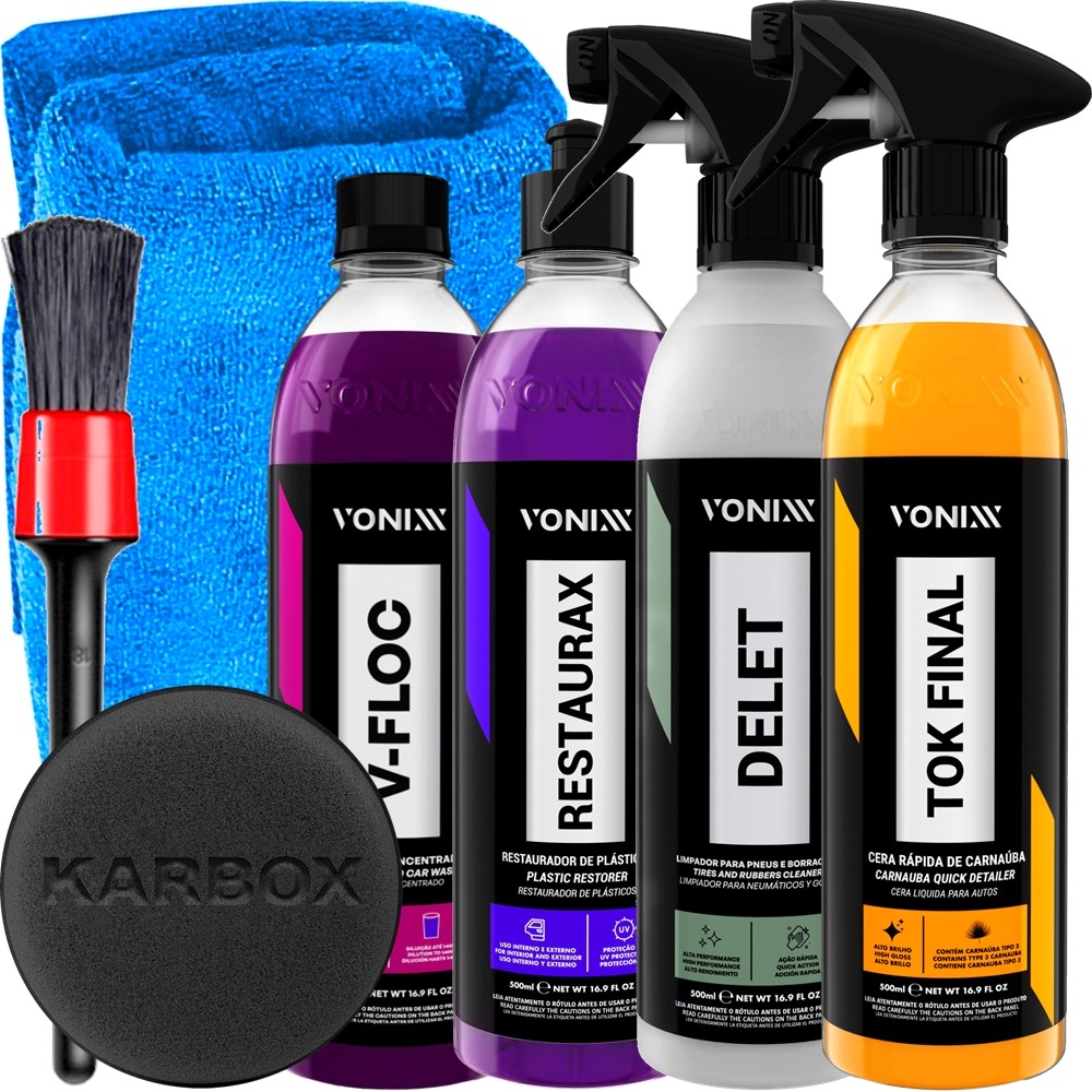 Kit Vonixx Shampoo Automotivo V-Floc Restaurax Limpador Delet Cera Tok Final 500ml e Acessórios Karbox