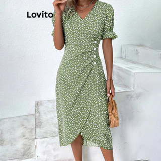 Lovito Vestido elegante Ditsy floral plissado com botões para mulheres LBL16061