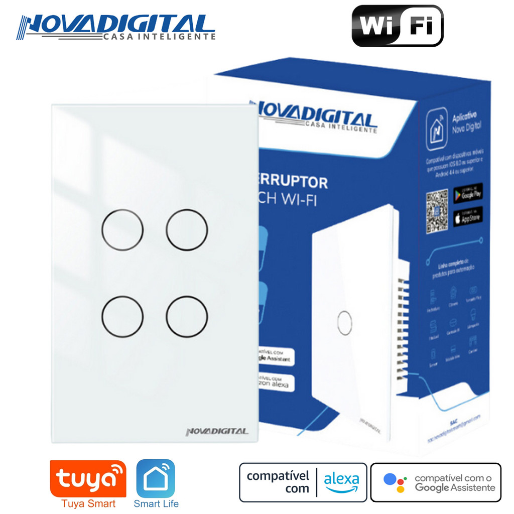 Interruptor Inteligente Smart Wi-Fi Tuya Nova Digital de 4 Botões LT Compatível com Alexa e Google