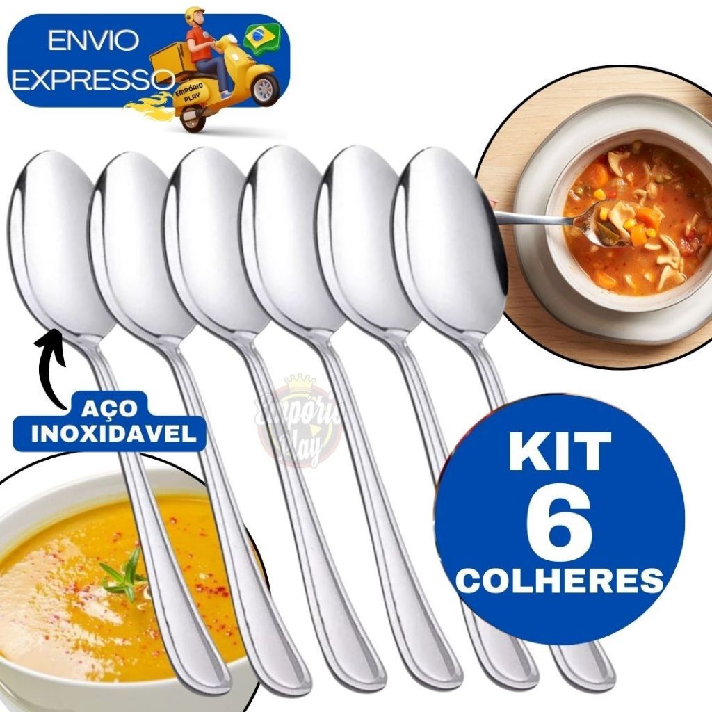 Kit 6 Colher de Sopa Talher de Mesa Cozinha em Inox Casa Restaurante ...
