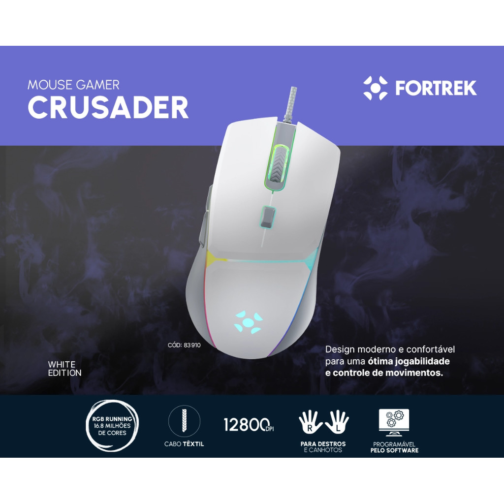 Mouse Gamer Fortrek Crusader RGB 12800DPI Branco Programavel | Shopee ...