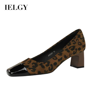 IELGY Estilo Europeu E Americano retro Camurça Bloco De Cor Rasa Dedo Do Pé Quadrado Moda Leopardo Impressão Salto Alto