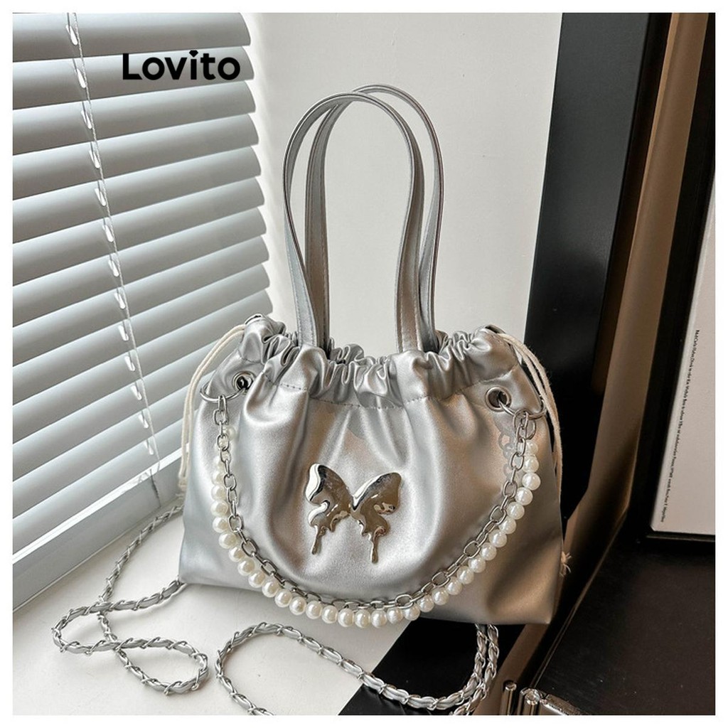 Lovito Casual Butterfly Pearls Metal Estudante Trabalhador Pequena Bolsa De Ombro Para Mulheres