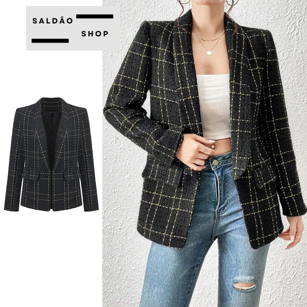 Blazer Feminino Elegante Xadrez com Forro Básico BRAZ65065 (Preto e ...