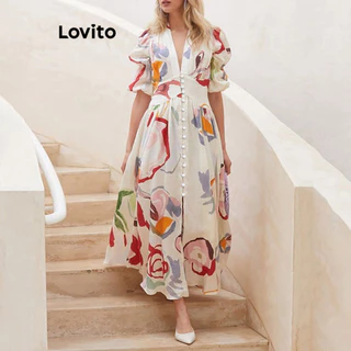 Lovito Vestido feminino casual com botões colorblock geométricos LNL77042