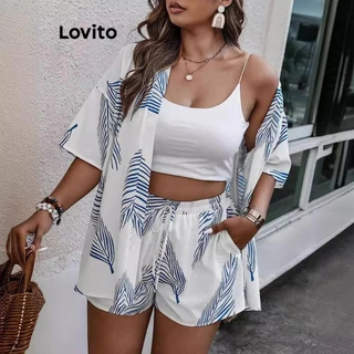 Lovito Conjuntos de shorts com estampa Boho Plants para mulheres LNL73095